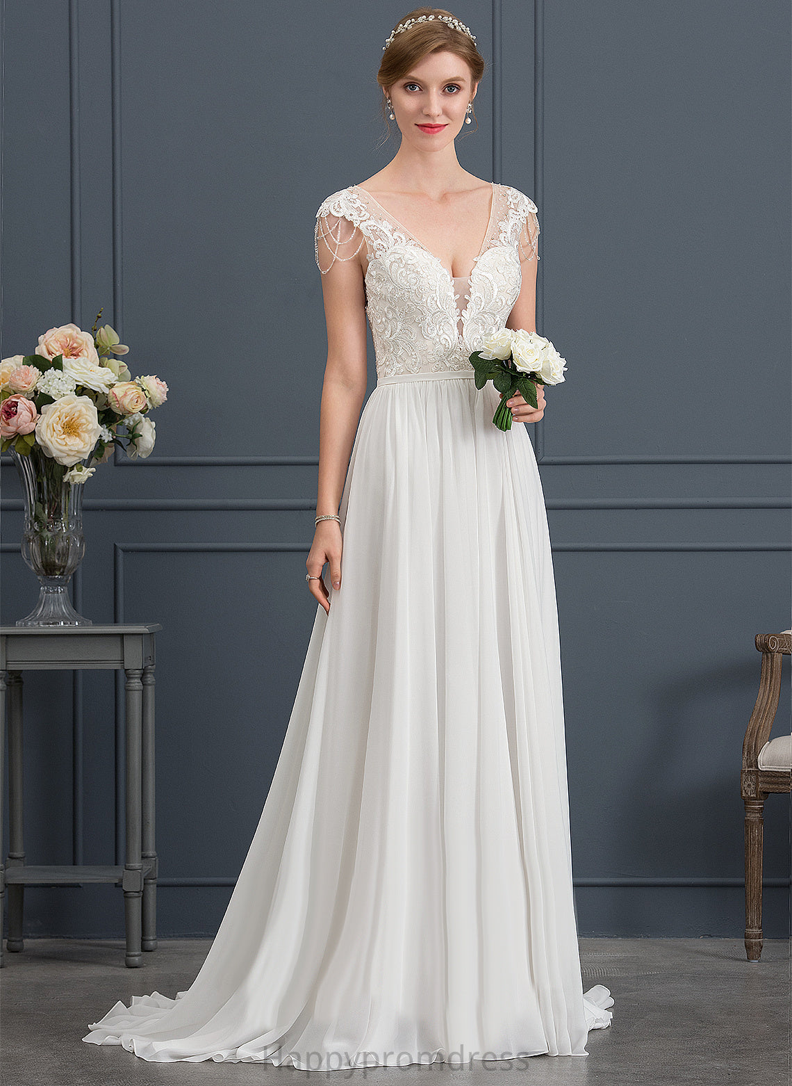 Wedding Dresses Alma Train Chiffon Wedding Lace With V-neck Sequins Beading Sweep Dress A-Line