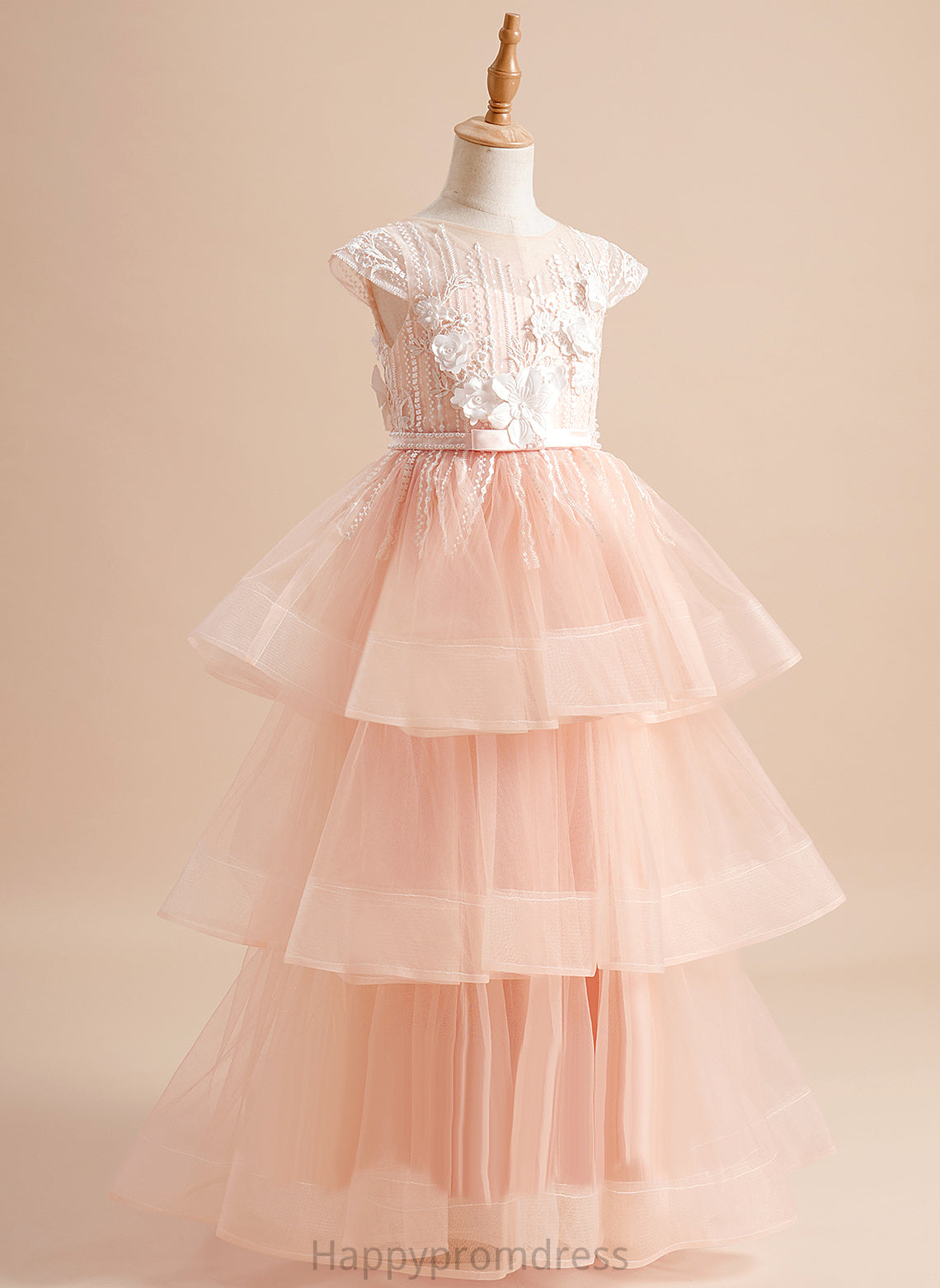 Tulle Sleeves Girl Dress - Hadassah Flower Girl Dresses Neck Short Scoop Ball-Gown/Princess With Floor-length Beading/Flower(s)/Bow(s) Flower