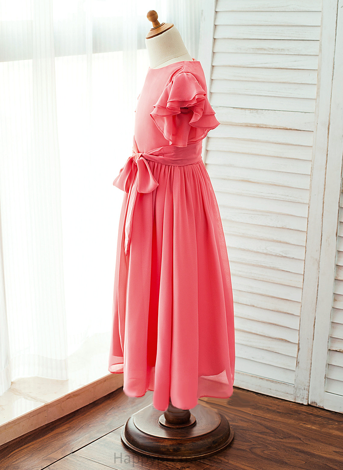 - Flower Girl Dresses With Flower Girl Ankle-length Sleeves Dress Chiffon Neck Scoop Short A-Line/Princess Sash Pearl