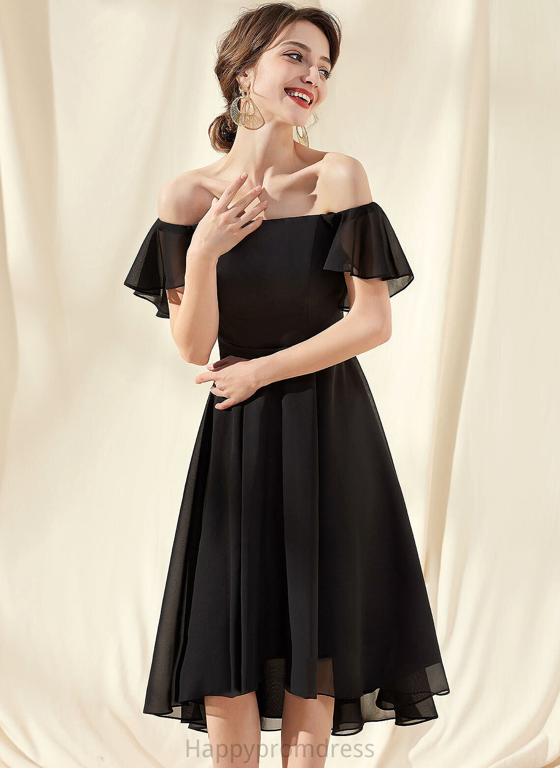 Chiffon Cocktail Jaqueline Off-the-Shoulder A-Line Asymmetrical Cocktail Dresses Dress With Cascading Ruffles