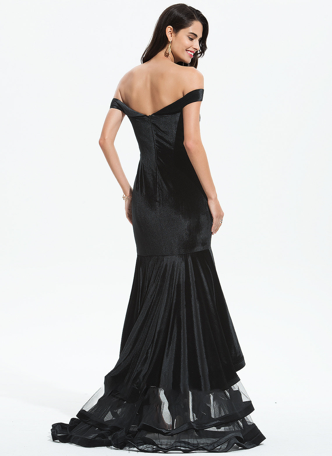 Velvet With Off-the-Shoulder Ruffles Sweep Prom Dresses Cascading Train Trumpet/Mermaid Natalia