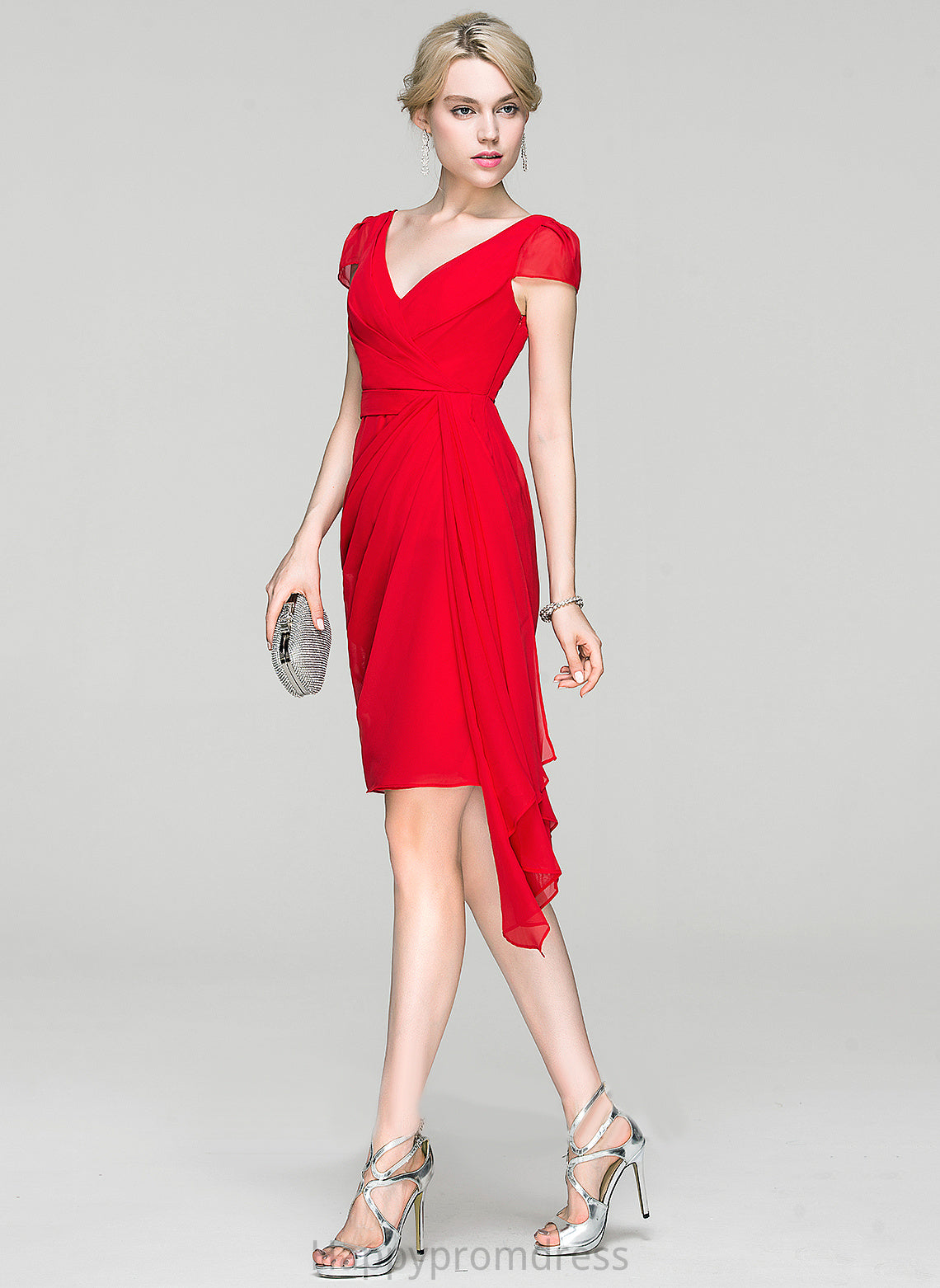 Ruffles Cocktail With Sheath/Column Chiffon Cascading Dress Cocktail Dresses Knee-Length V-neck Valery Ruffle