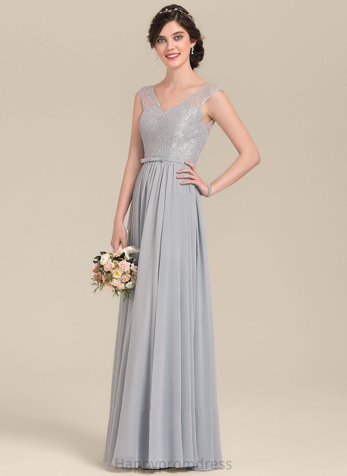 Length Fabric Embellishment Neckline A-Line Floor-Length Bow(s) V-neck Silhouette Lailah A-Line/Princess Short Sleeves Bridesmaid Dresses