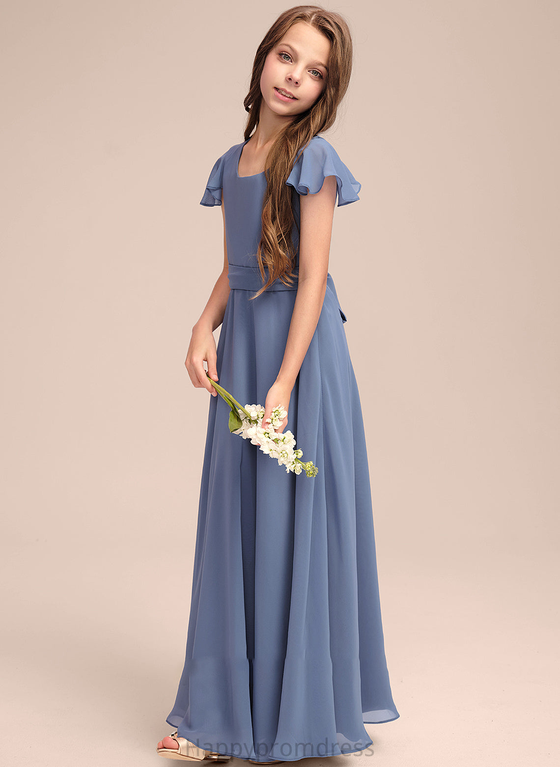 Chiffon Ayanna Neck A-Line Scoop Bow(s) Floor-Length Junior Bridesmaid Dresses With