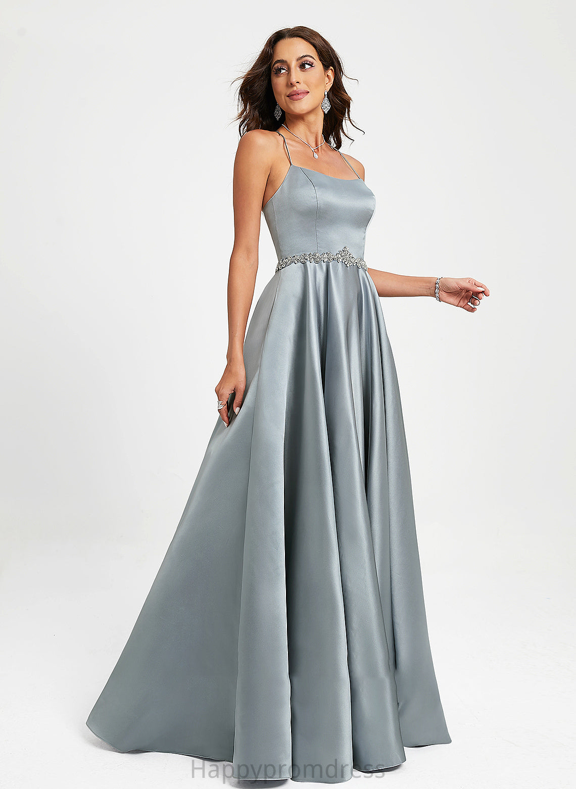 A-Line Neck Beading With Pru Scoop Prom Dresses Satin Floor-Length