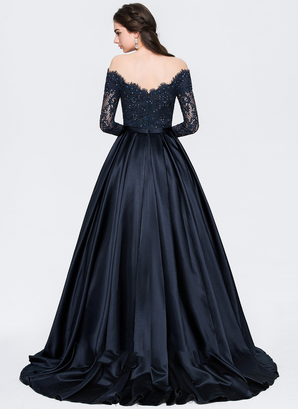 Prom Dresses Leilani Ball-Gown/Princess Train Satin With Beading Off-the-Shoulder Sweep