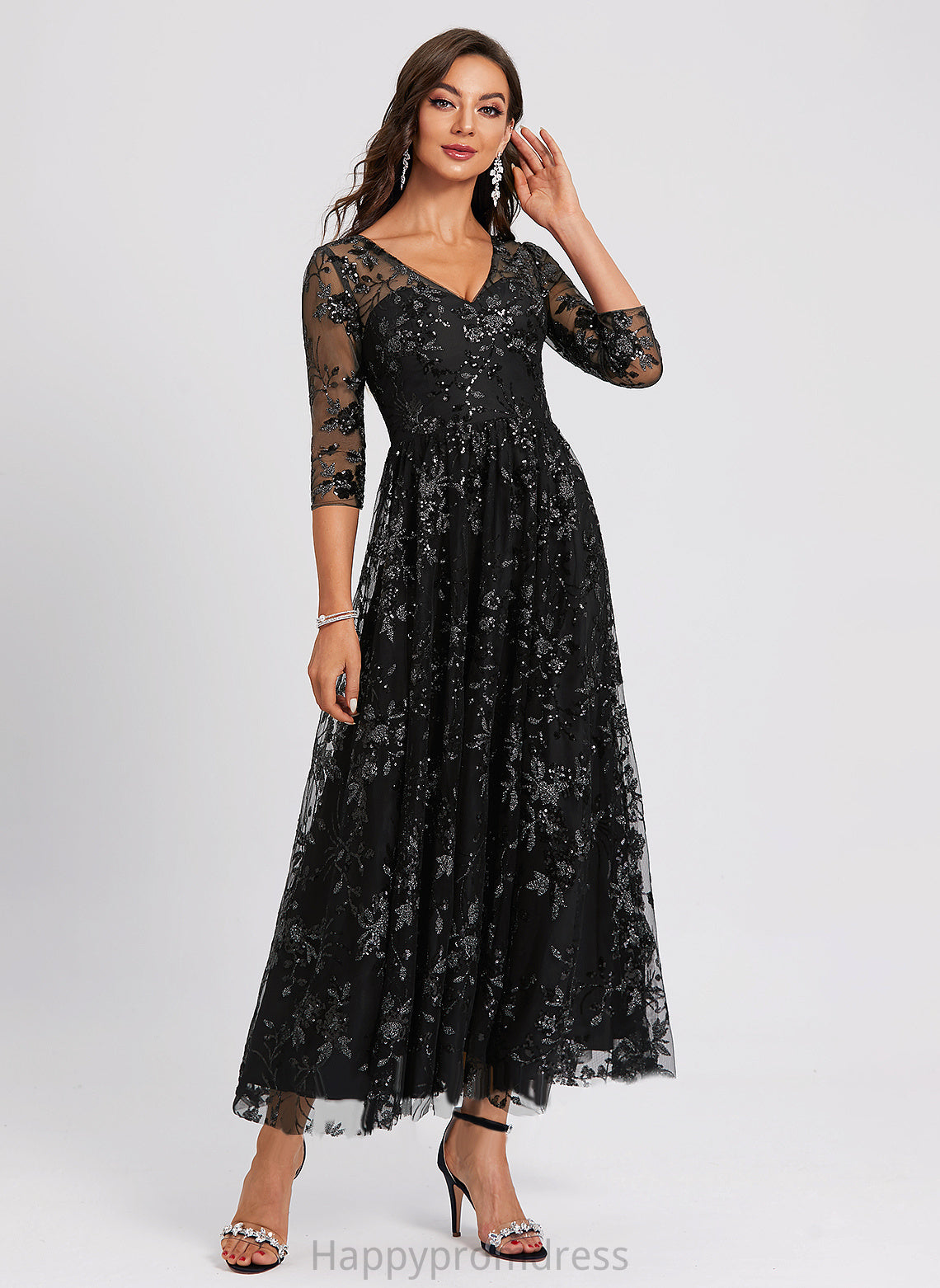 Lace Sequined V-neck Dress A-Line Juliette Cocktail Cocktail Dresses Ankle-Length