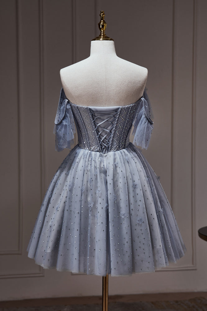 Dusty Blue Beading Off The Shoulder Tulle Short Homecoming Dresses