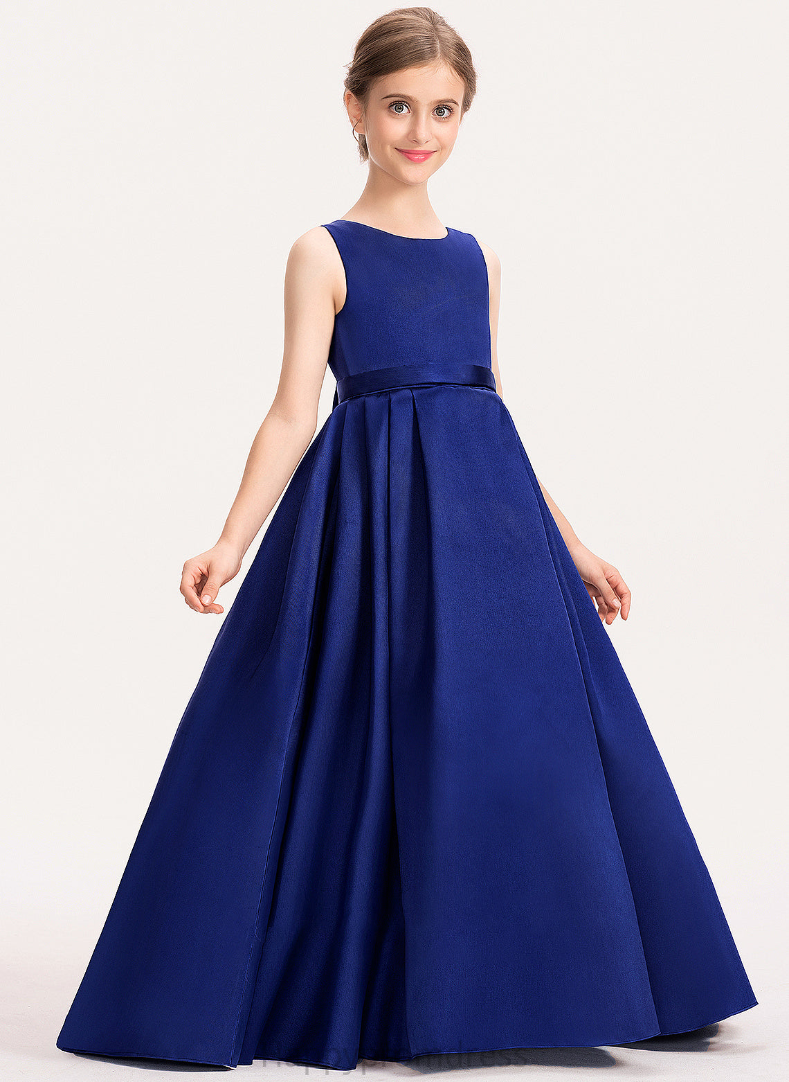 Monica With Train Sweep Junior Bridesmaid Dresses Bow(s) Satin Ball-Gown/Princess Neck Scoop