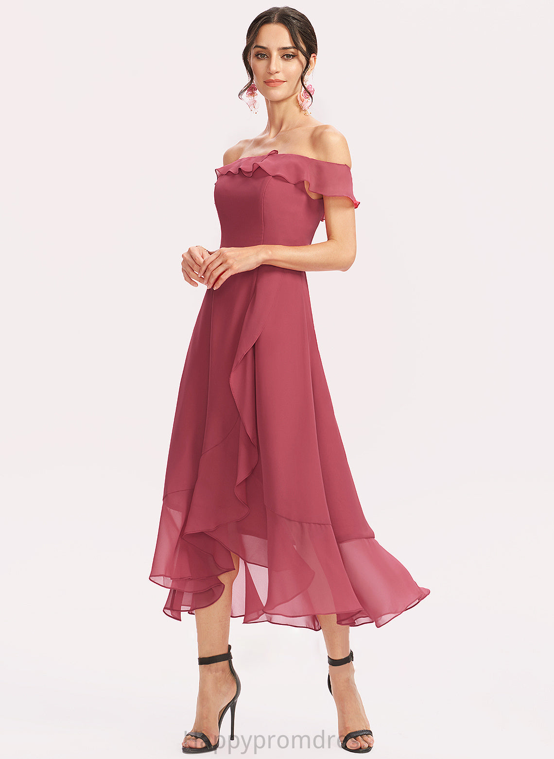 Fabric A-Line CascadingRuffles Neckline Embellishment Length Tea-Length Silhouette Off-the-Shoulder Simone A-Line/Princess Scoop Bridesmaid Dresses