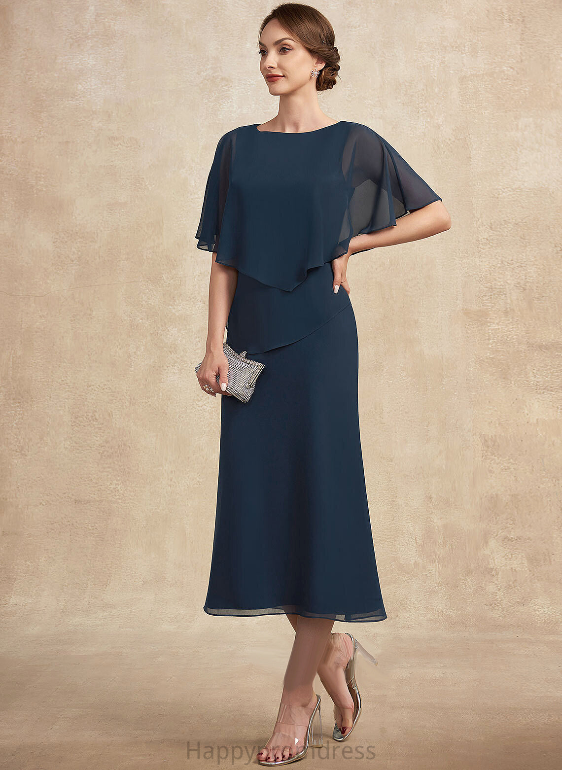 the Mother Sheath/Column Dress Mother of the Bride Dresses Bride Neck Scoop Chiffon Tea-Length of Joyce