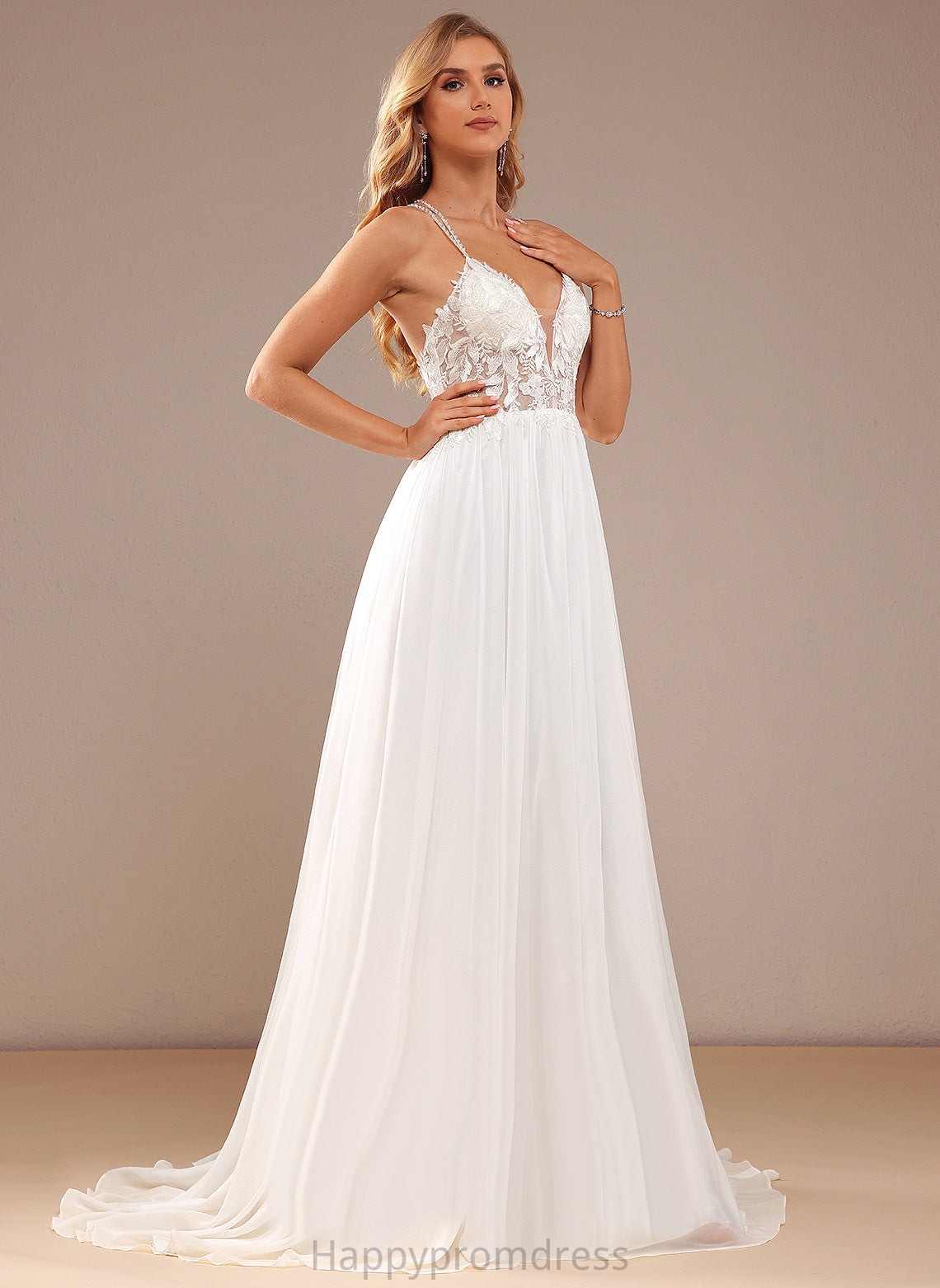 Wedding Dresses Sequins V-neck Wedding Lace With Train Chiffon Dress Beading Maeve Sweep A-Line