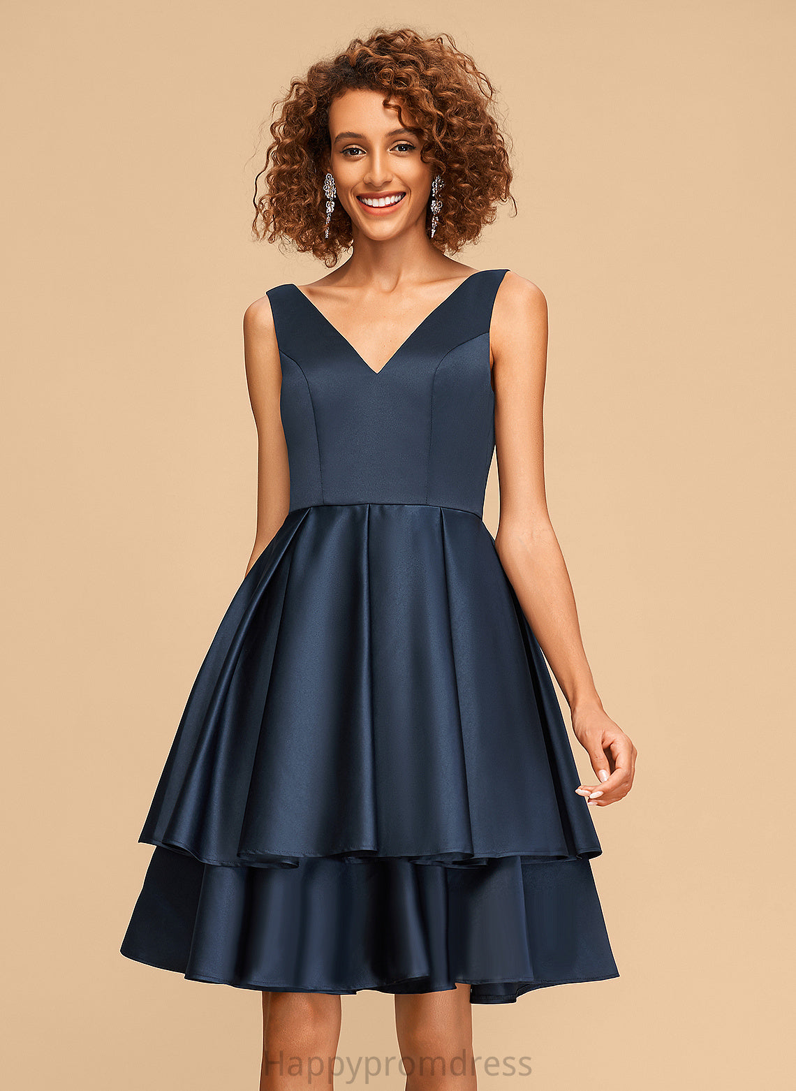 Knee-Length Satin Dress V-neck Aubrie Homecoming Dresses A-Line Homecoming