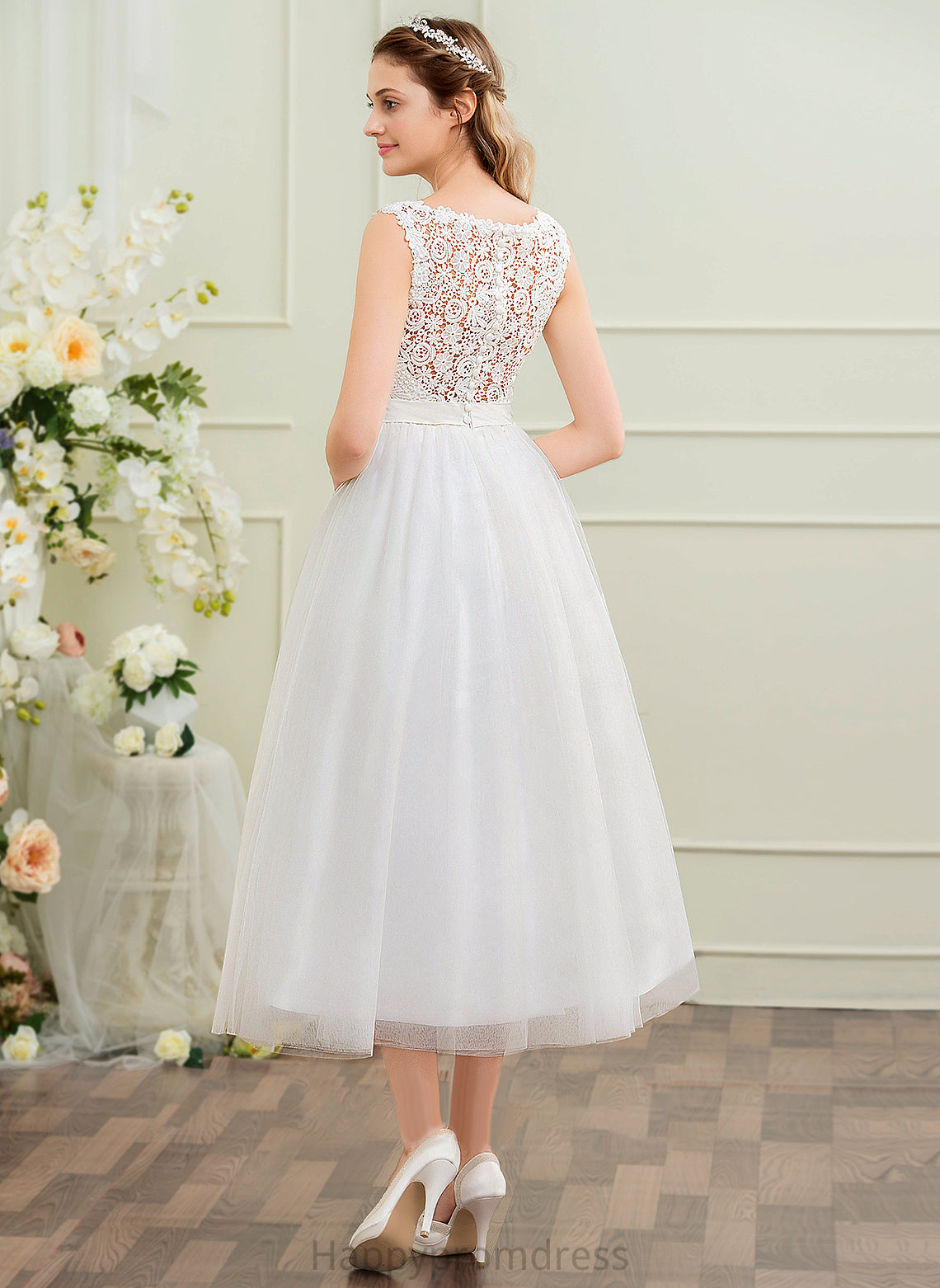 With Tulle Aleah Dress Neck Satin Sequins Ball-Gown/Princess Lace Tea-Length Beading Wedding Dresses Scoop Wedding