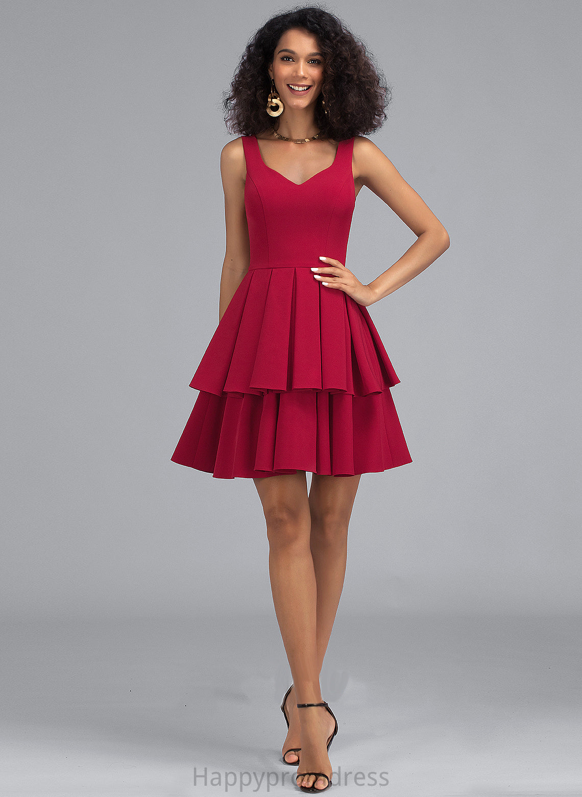 V-neck Shyann Crepe Stretch With Short/Mini Dress Homecoming Dresses Ruffles Cascading Homecoming A-Line