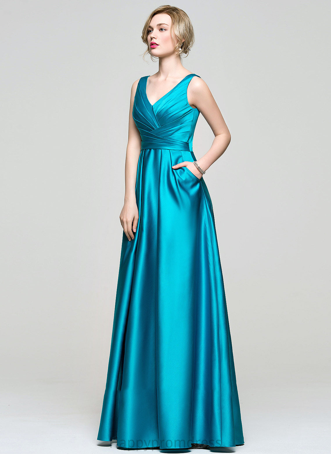 Pockets Satin Ruffle V-neck With Alena Floor-Length Prom Dresses Ball-Gown/Princess