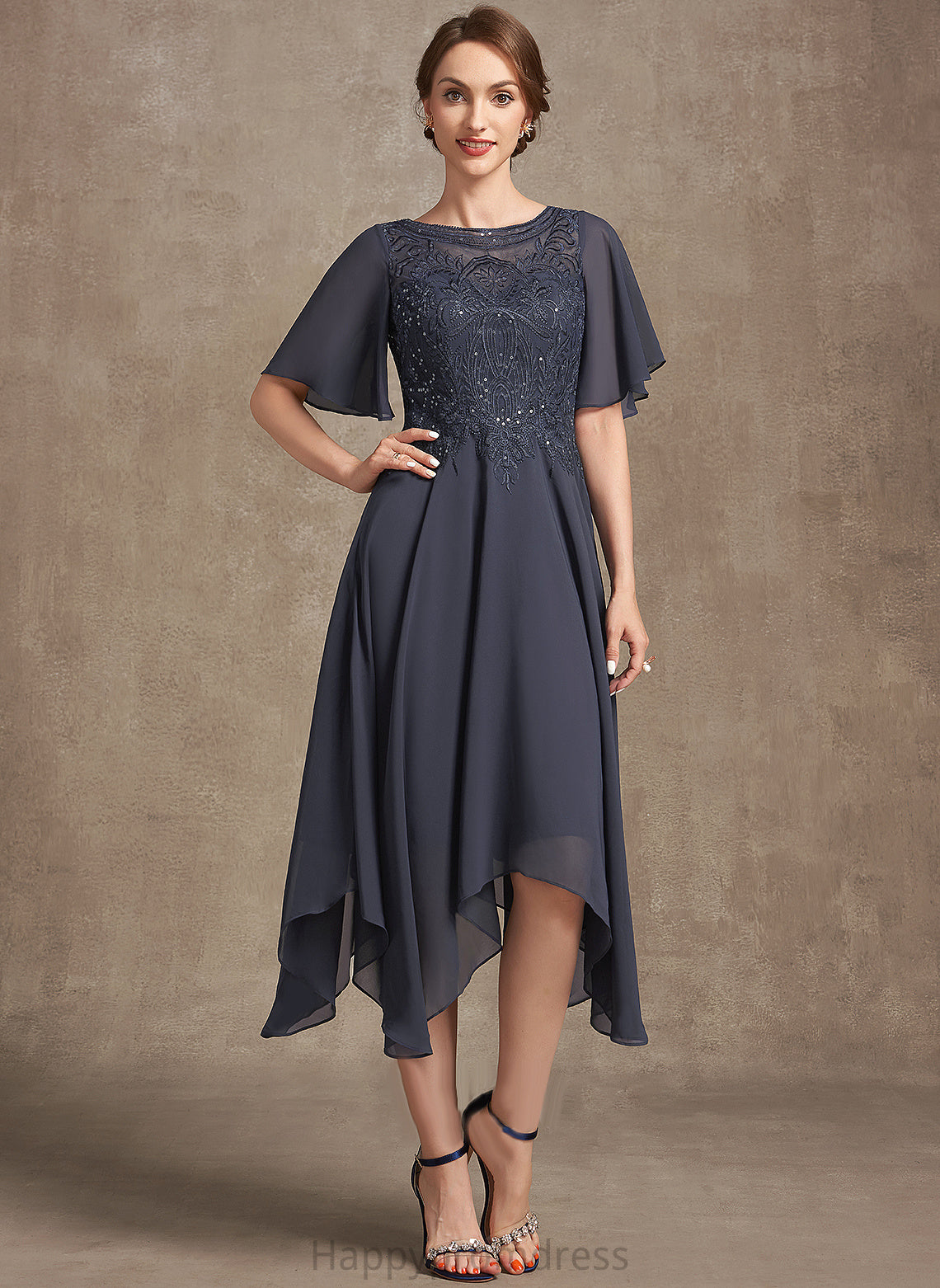 Scoop Chiffon of Bride A-Line Mother of the Bride Dresses Lace Tea-Length Dress Mother Marcia With Sequins the Neck