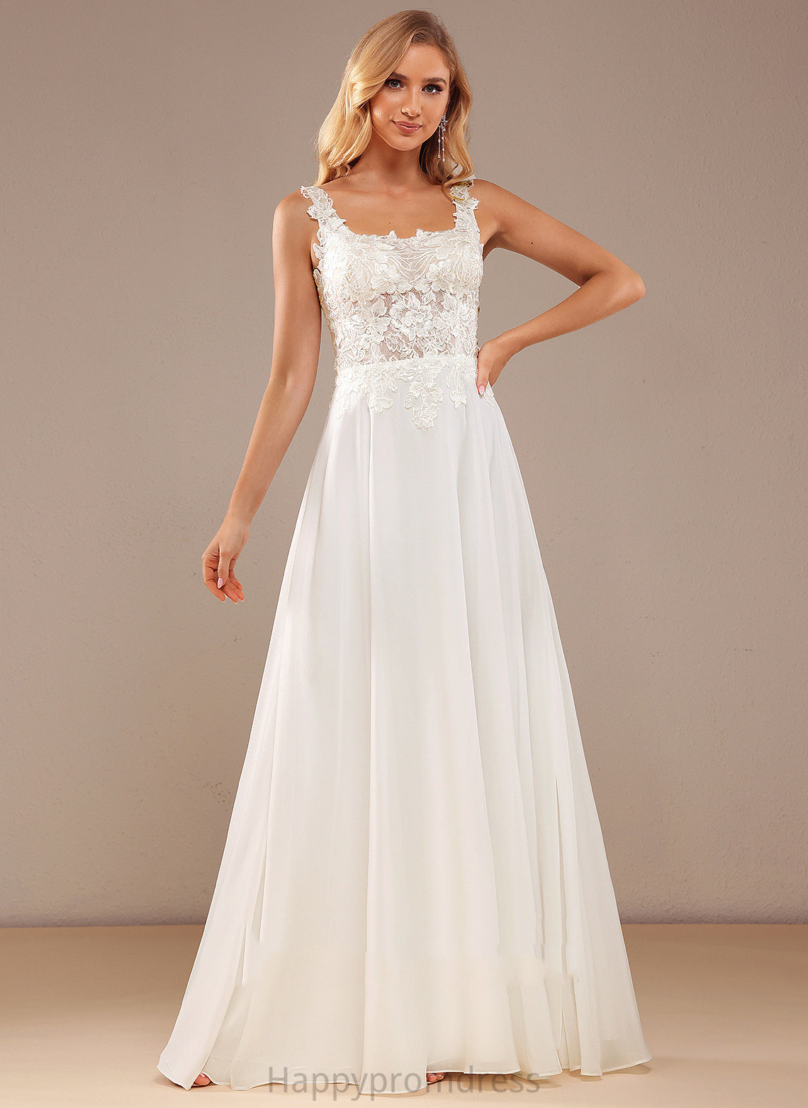 A-Line Neckline Wedding Square Chiffon Sequins Wedding Dresses Floor-Length Dress Leanna Lace Lace With