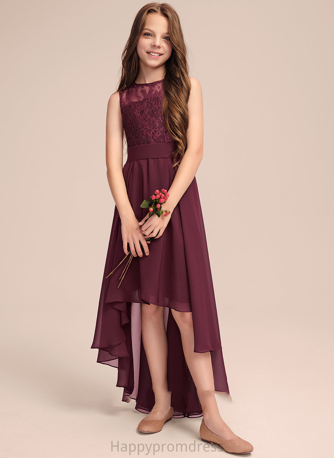 A-Line Asymmetrical Bow(s) Junior Bridesmaid Dresses Chiffon Lace With Neck Greta Scoop