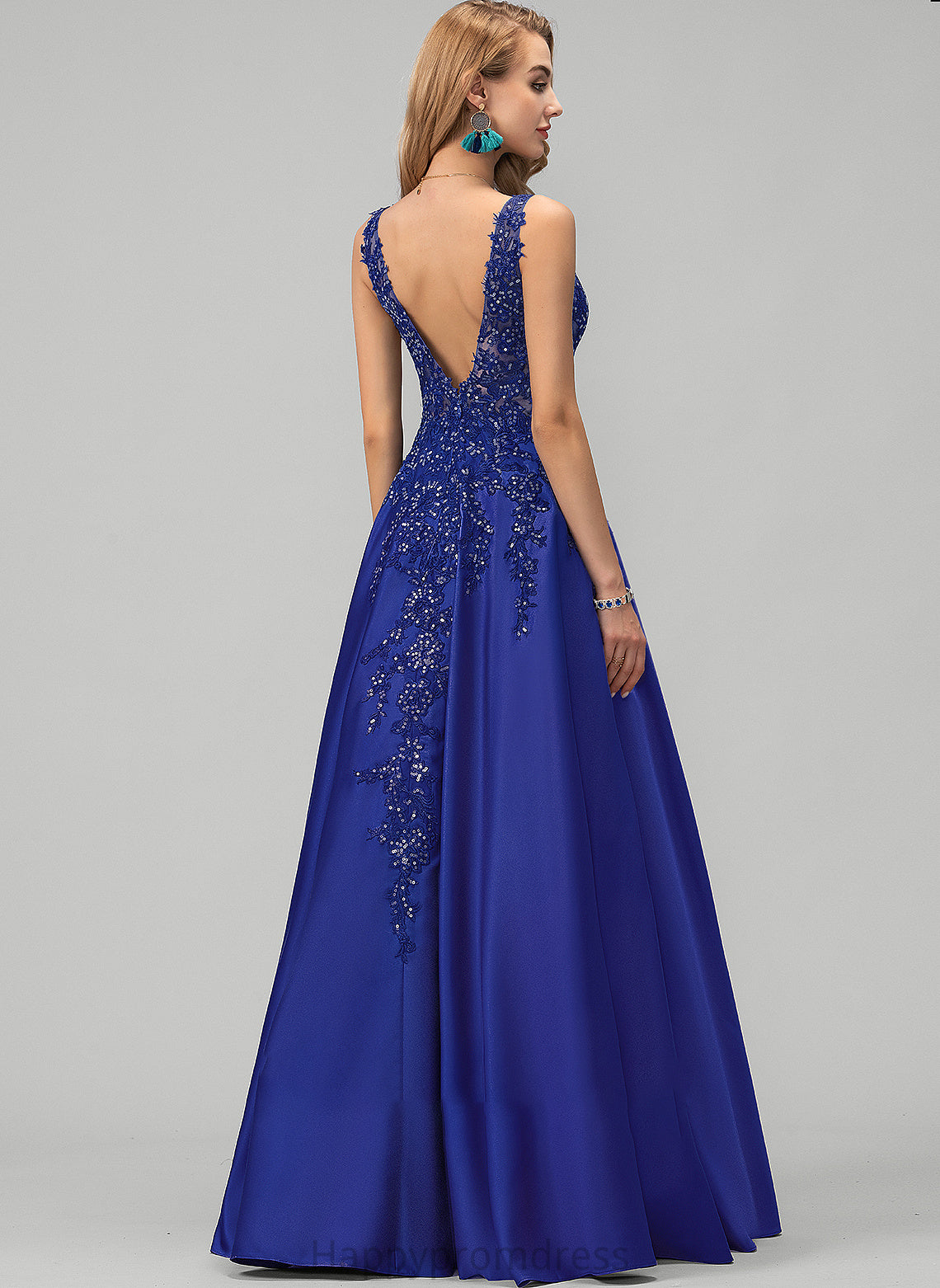 Lace Lillian Floor-Length With V-neck A-Line Sequins Prom Dresses Satin