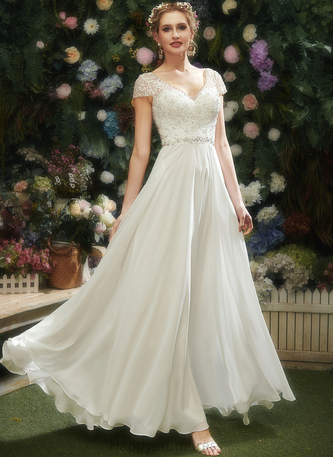 Wedding Dresses A-Line Wedding Floor-Length V-neck With Chiffon Beading Kylee Sequins Dress Lace