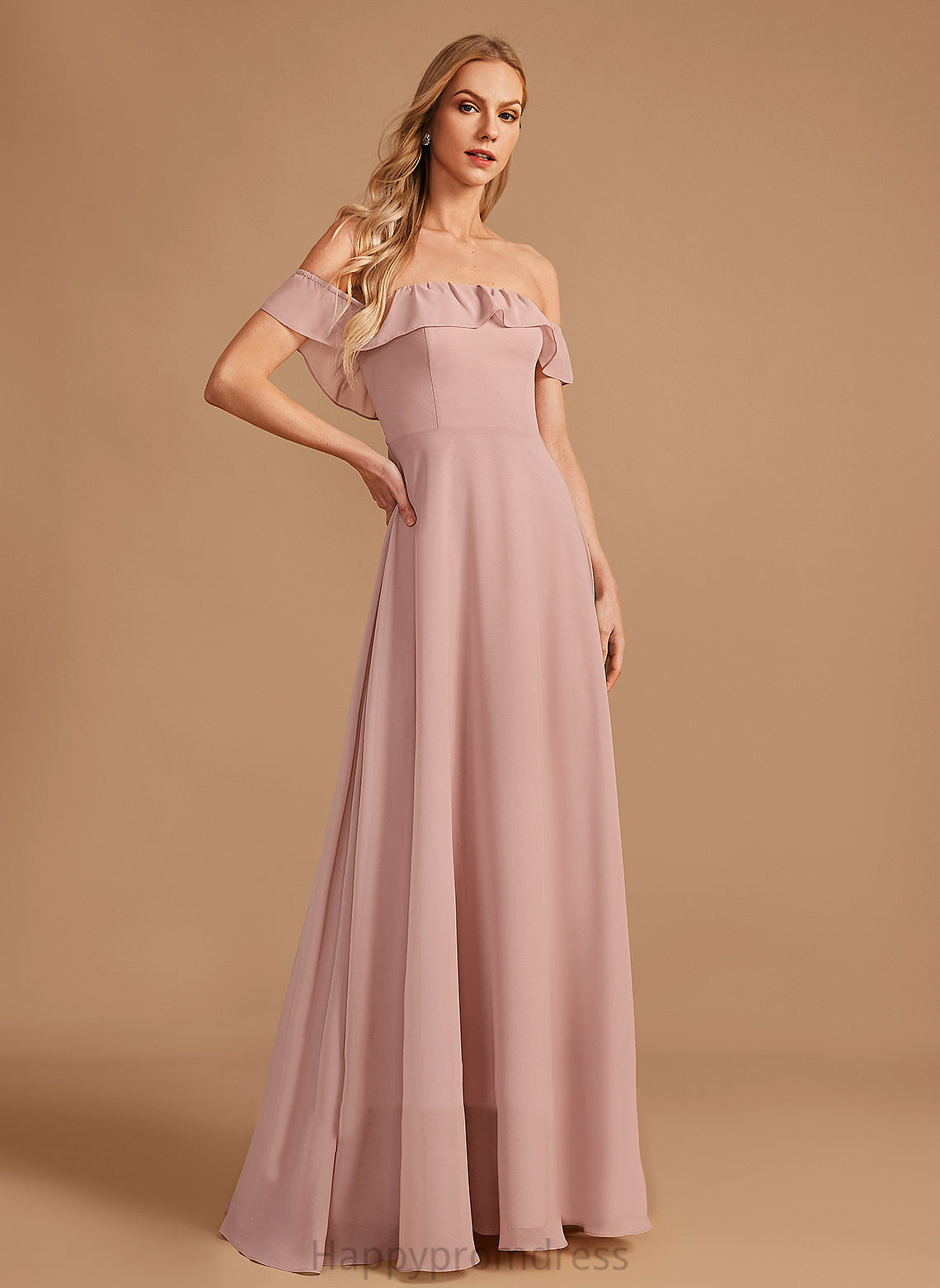 Fabric Neckline Silhouette Length Off-the-Shoulder Ruffle Embellishment Floor-Length A-Line Alyson Natural Waist Sleeveless Bridesmaid Dresses