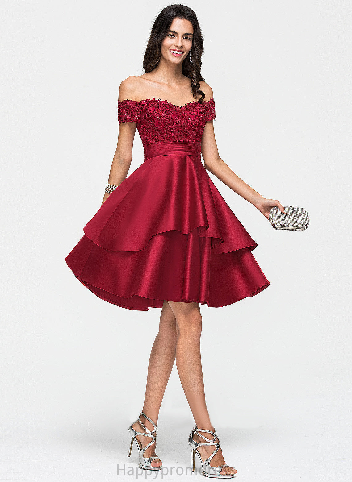 Allison Sequins Satin Knee-Length Off-the-Shoulder Lace Homecoming Dresses With Dress Homecoming A-Line