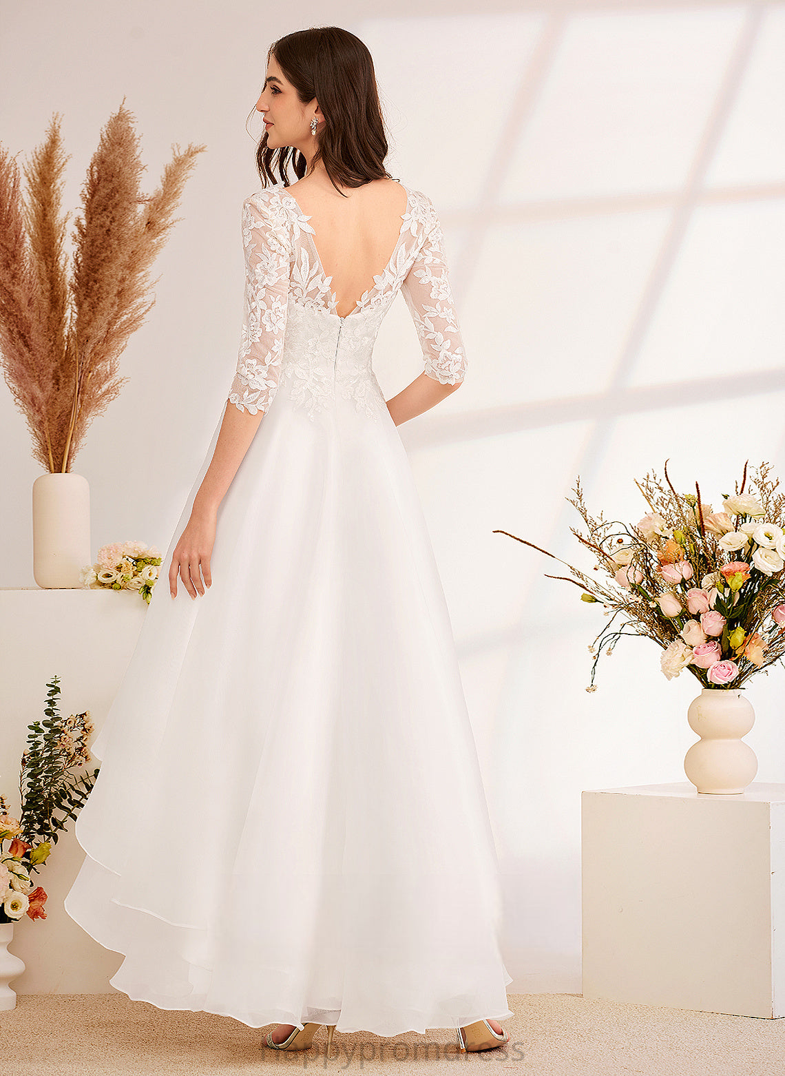 Wedding Dresses Tulle Alana With A-Line V-neck Asymmetrical Wedding Beading Sequins Lace Dress