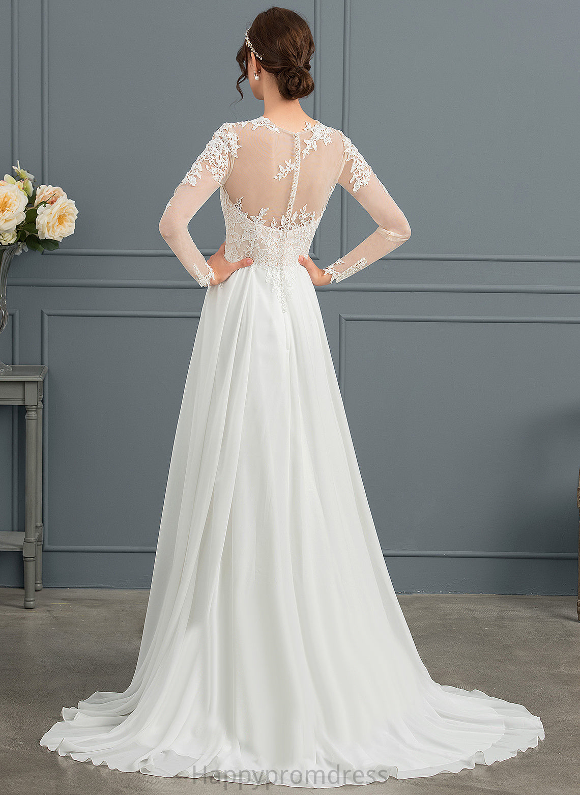 Janiah With Tulle Train Split Illusion Appliques Wedding Sweep Dress Lace Front A-Line Wedding Dresses Chiffon