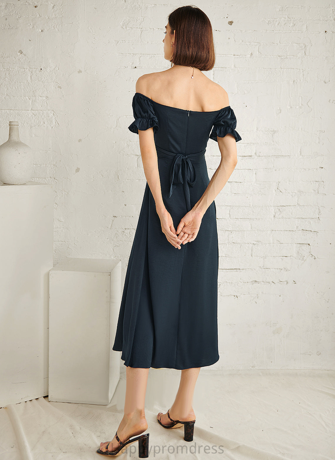 Blends Tea-Length Hayley Off-the-Shoulder Cocktail Cotton Cocktail Dresses A-Line Dress