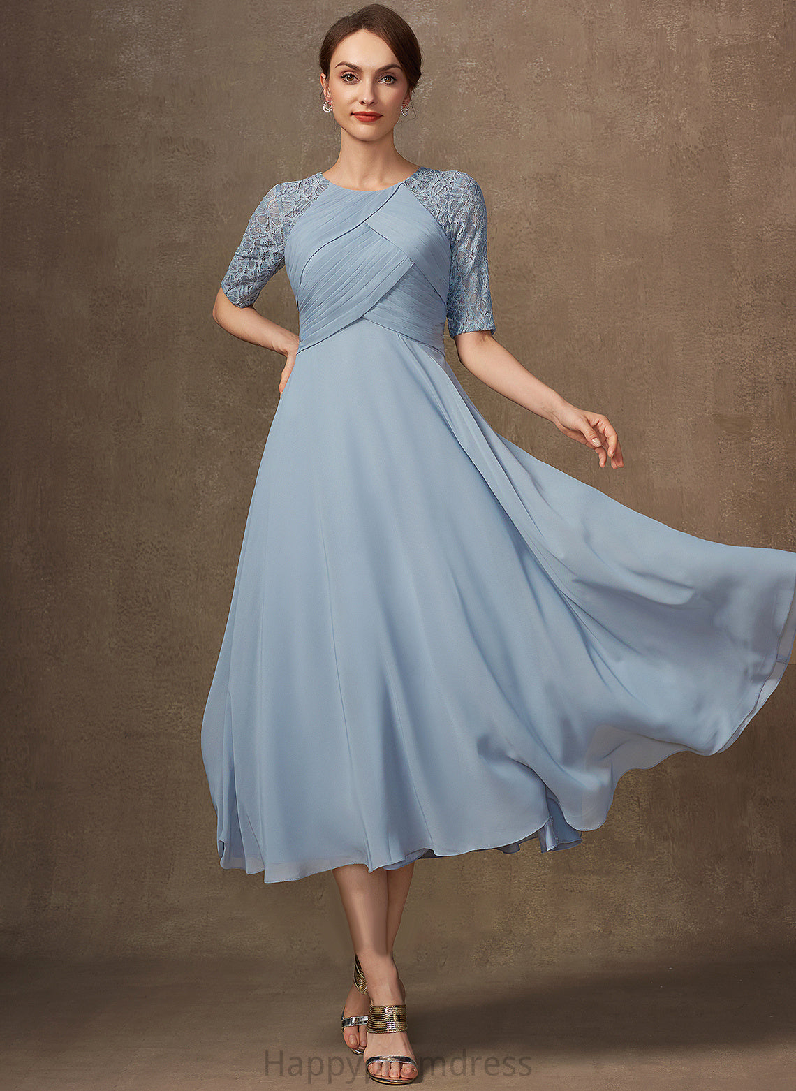 Chiffon Scoop Neck Jayden A-Line Tea-Length Dress Mother the Bride Ruffle Lace With Mother of the Bride Dresses of