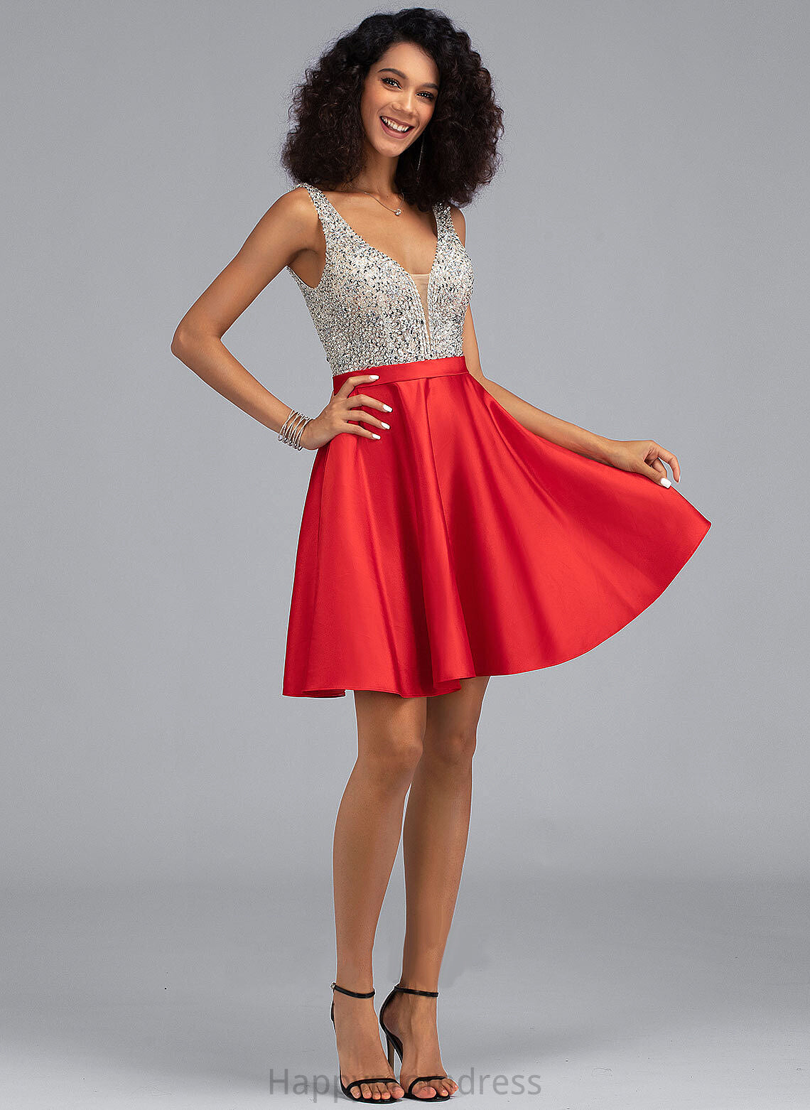 Beading Homecoming Dresses Short/Mini Pockets A-Line With Sequins Satin V-neck Homecoming Dress Nancy