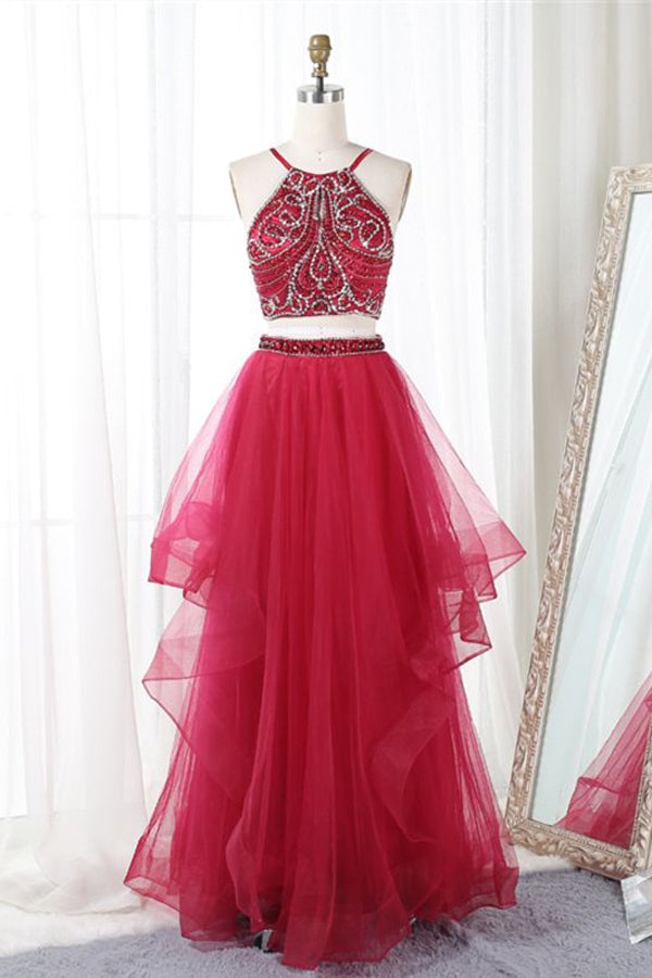 Pink Two Piece Floor Length Halter Sleeveless Backless Beading Prom Dresses