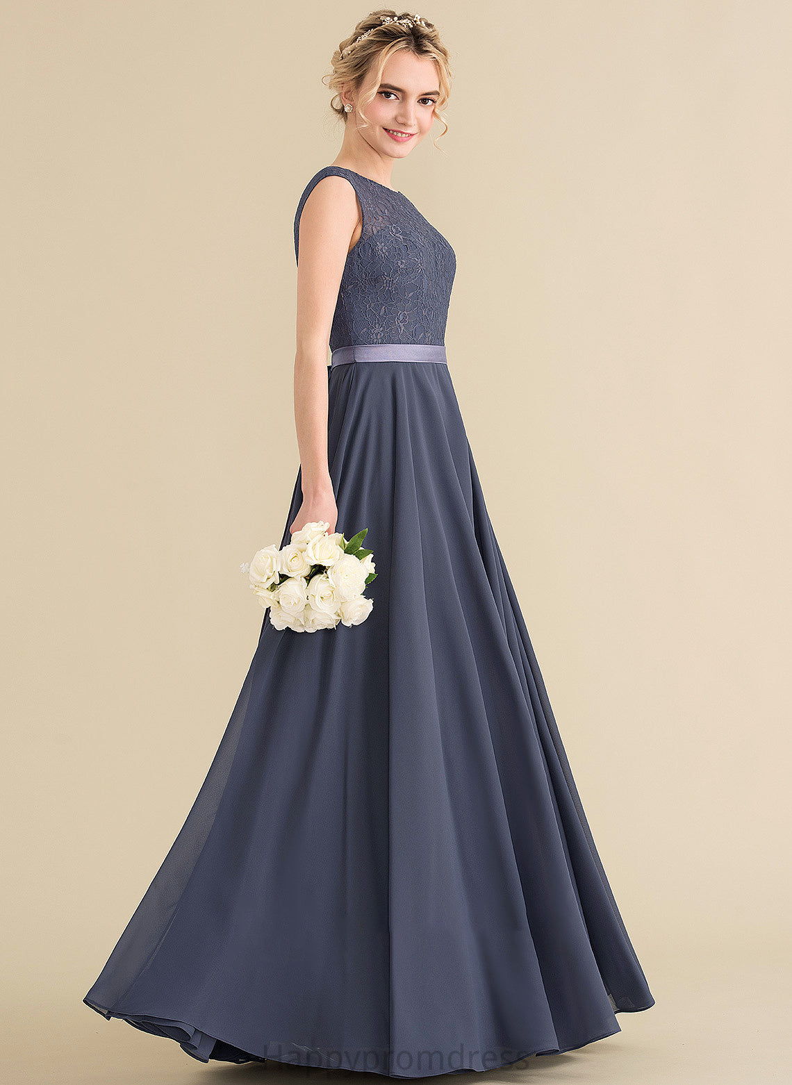 A-Line Floor-Length Length Silhouette Fabric Neckline Bow(s) Embellishment ScoopNeck Marian Natural Waist A-Line/Princess Bridesmaid Dresses