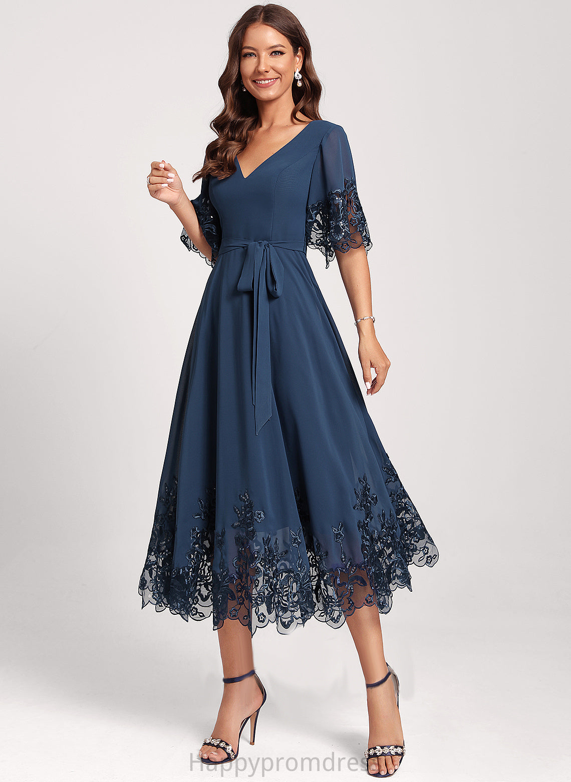 Cocktail Sequins Anya Dress A-Line V-neck Club Dresses Chiffon With Tea-Length Lace