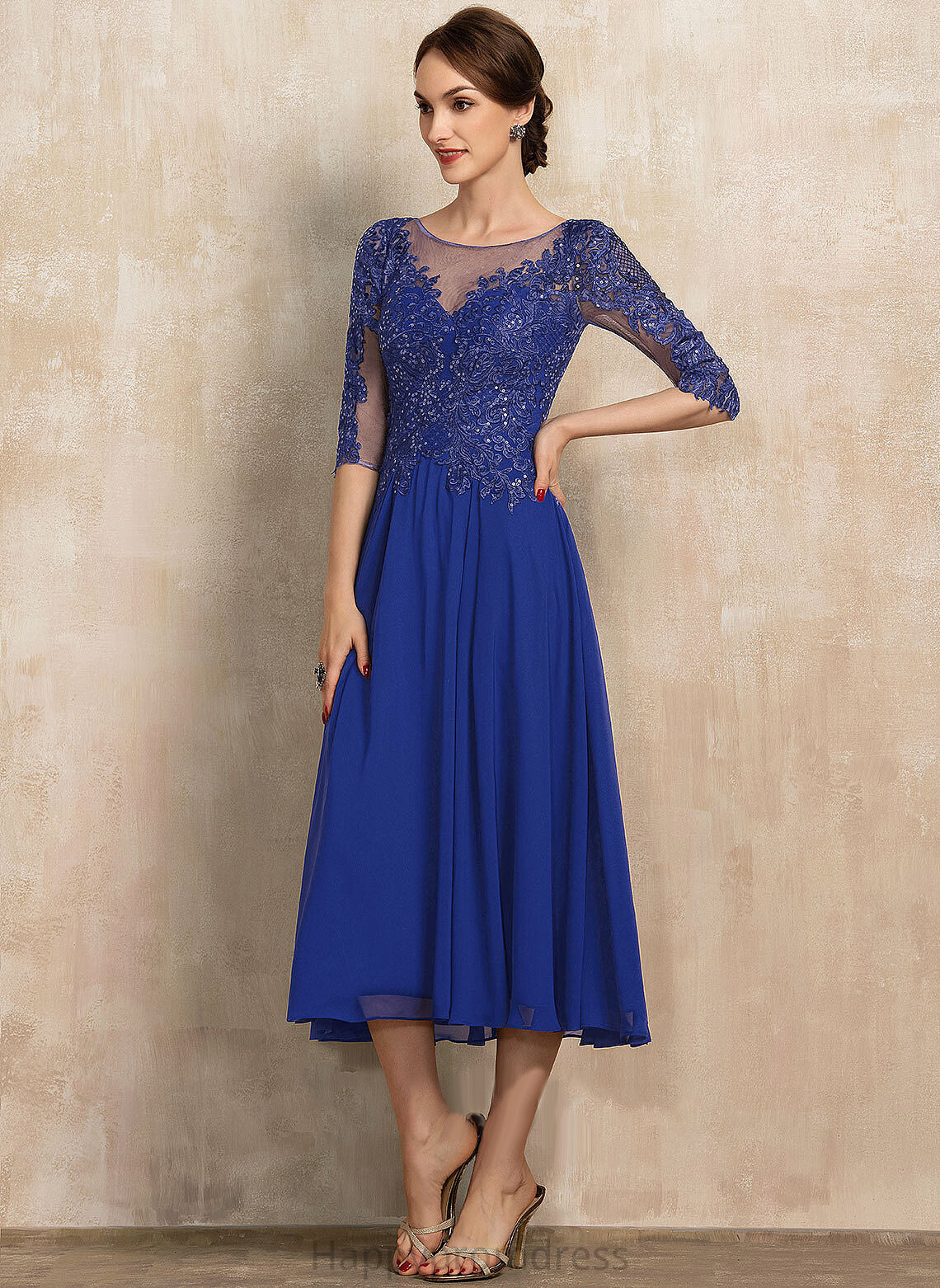 A-Line Lace Scoop Tea-Length With Cocktail Dress Chiffon Sequins Neck Cocktail Dresses Gill