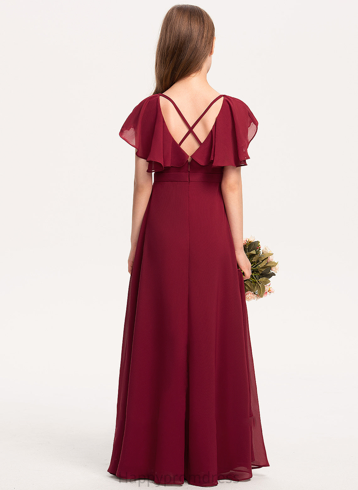 With Lea V-neck Junior Bridesmaid Dresses Cascading A-Line Floor-Length Chiffon Ruffles