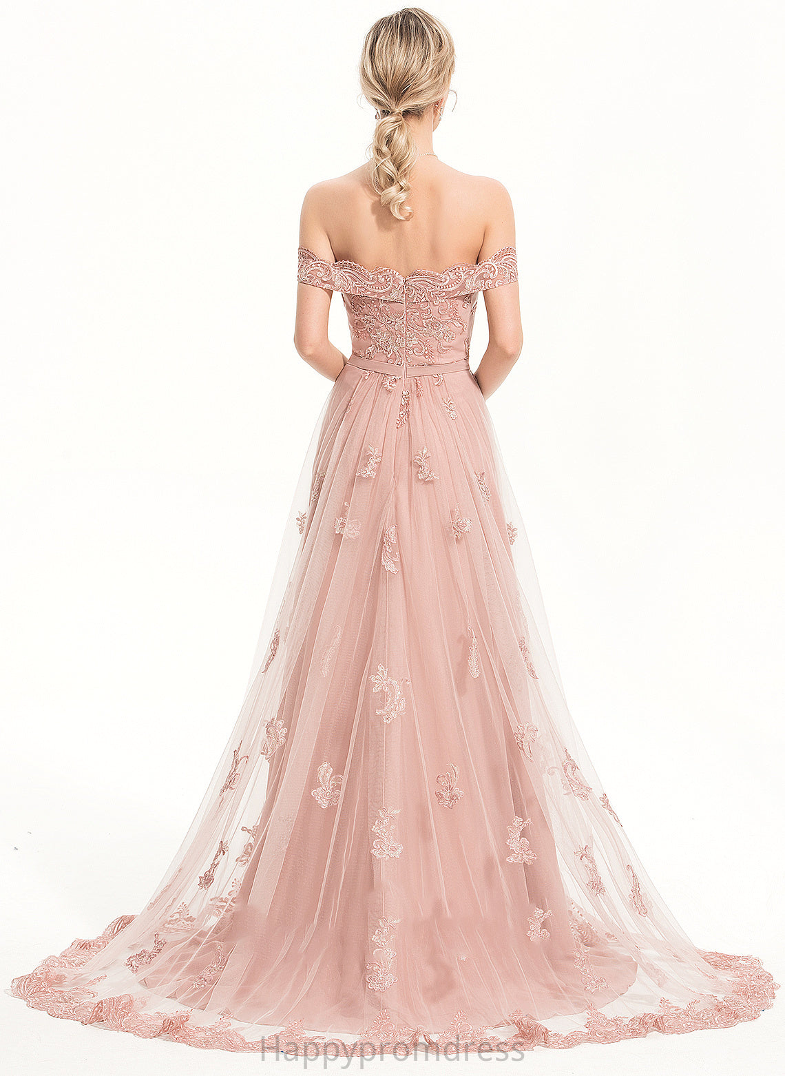 A-Line Tulle Train Prom Dresses Sweep Anna With Chiffon Sequins Off-the-Shoulder