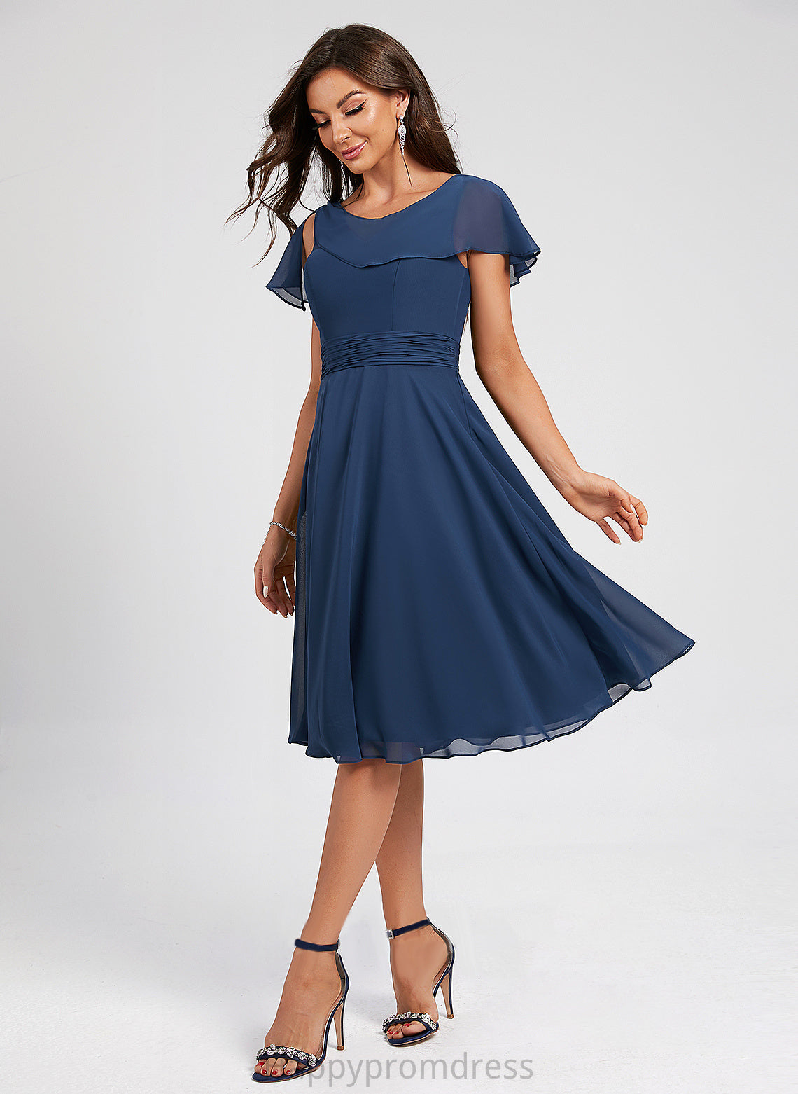 Cocktail A-Line Scoop Neck Cocktail Dresses With Pleated Ruffle Jacquelyn Chiffon Knee-Length Dress