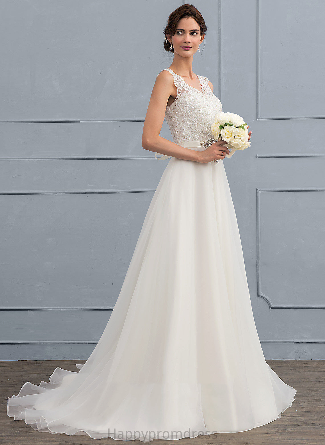 V-neck Train Wedding Dresses Wedding With A-Line Organza Bow(s) Lace Dress Kayden Beading Sweep