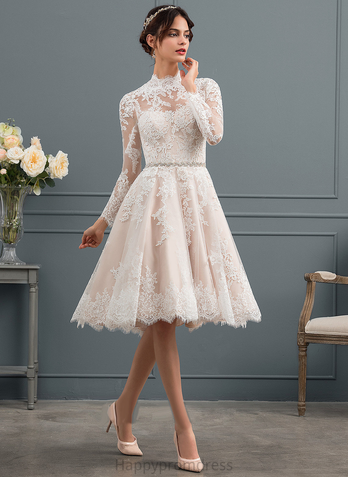 Wedding Dresses A-Line Knee-Length Janiyah Lace Tulle Illusion Dress Wedding