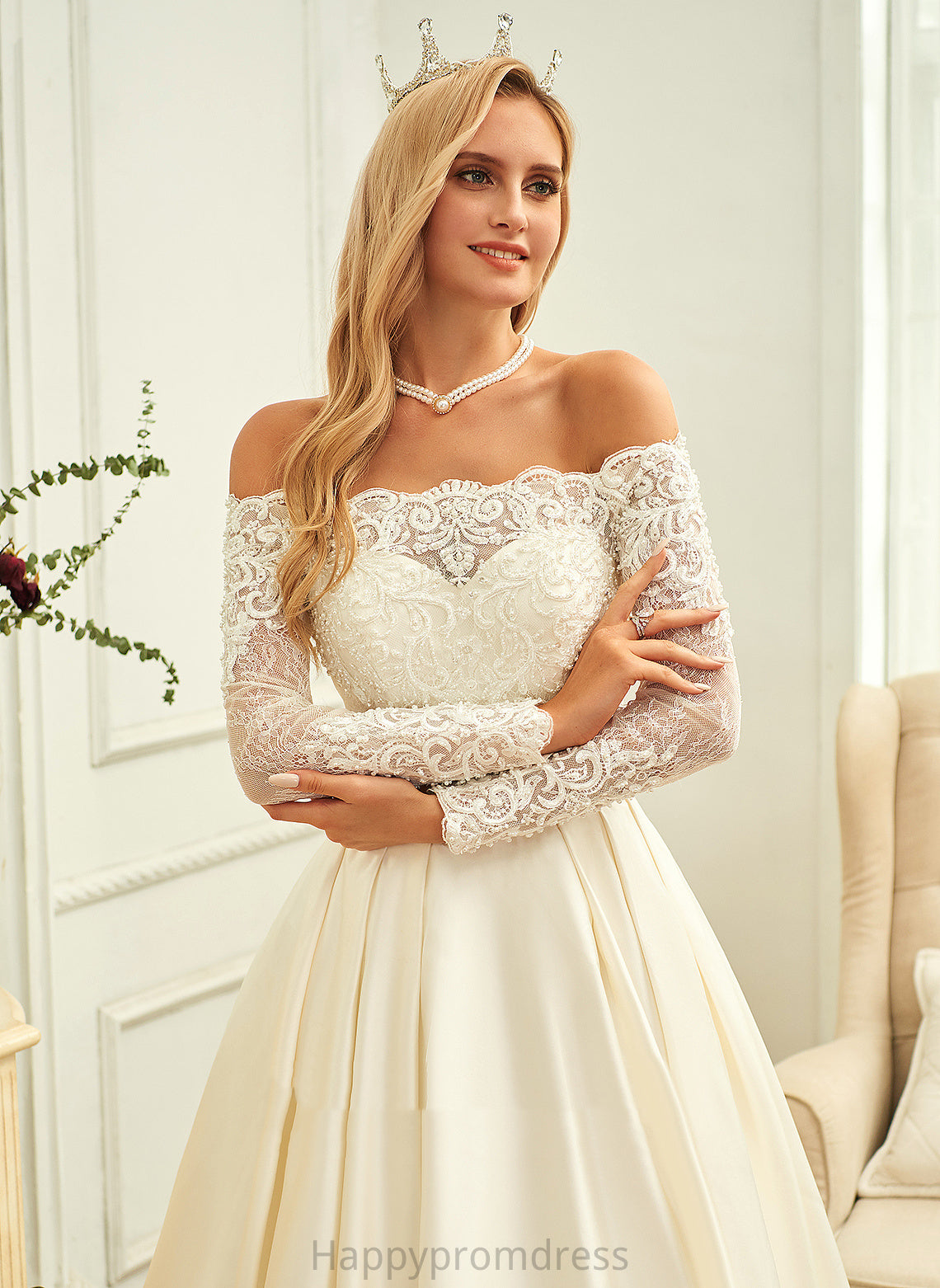 Wedding Dress Off-the-Shoulder Ball-Gown/Princess Wedding Dresses Sweep Lace With Train Beading Satin Yadira Sequins