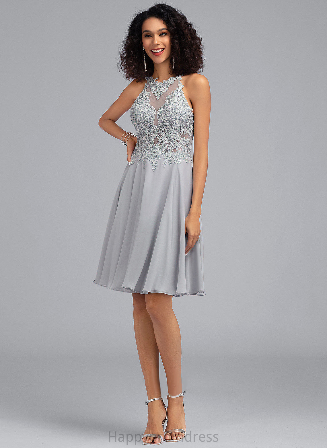 Knee-Length Neck Cocktail Dresses A-Line Sequins Dress Cocktail Chiffon With Scoop Kaya Lace