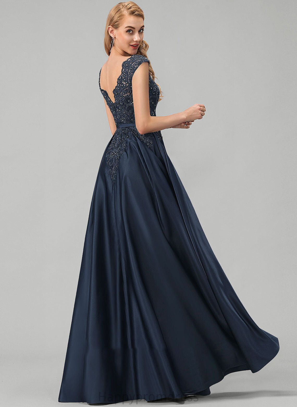 Prom Dresses Lace Journey With Bow(s) Pockets Sequins Beading Ball-Gown/Princess Neck Satin Scoop Floor-Length