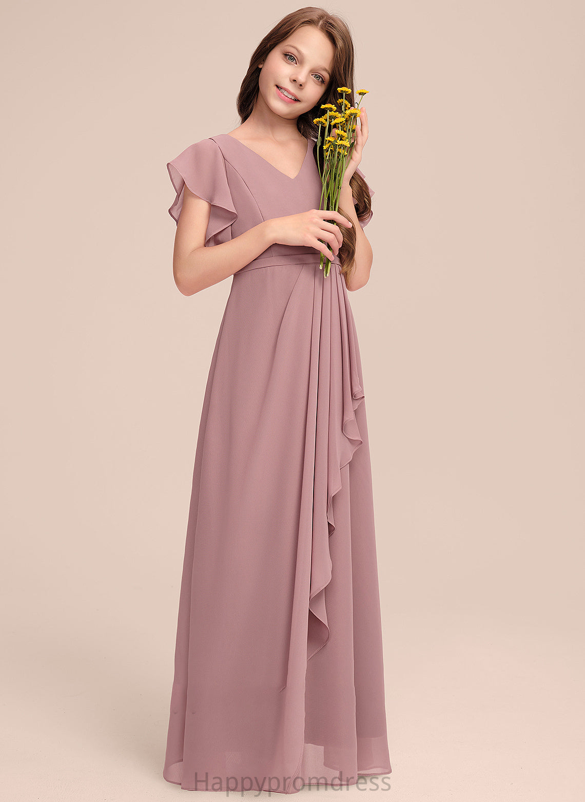 V-neck Liz With Junior Bridesmaid Dresses Chiffon Cascading Floor-Length Ruffles A-Line