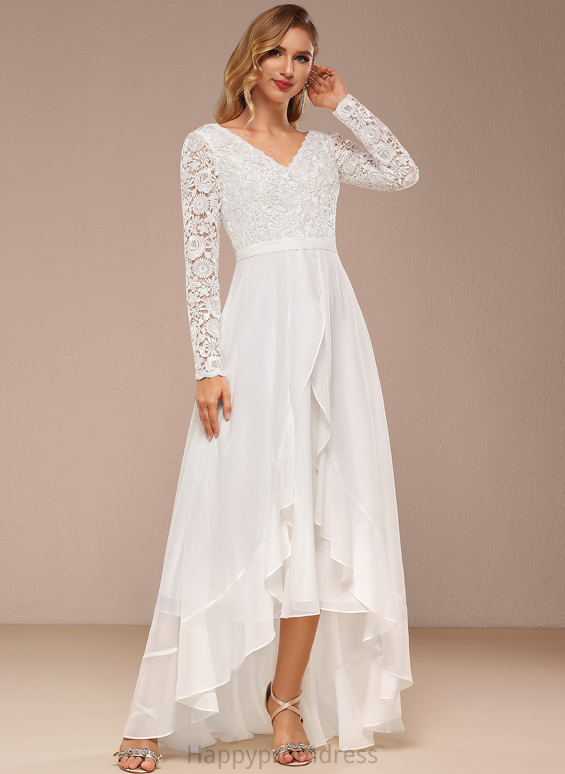 Chiffon Reagan Dress V-neck Wedding Dresses A-Line Lace Wedding Asymmetrical