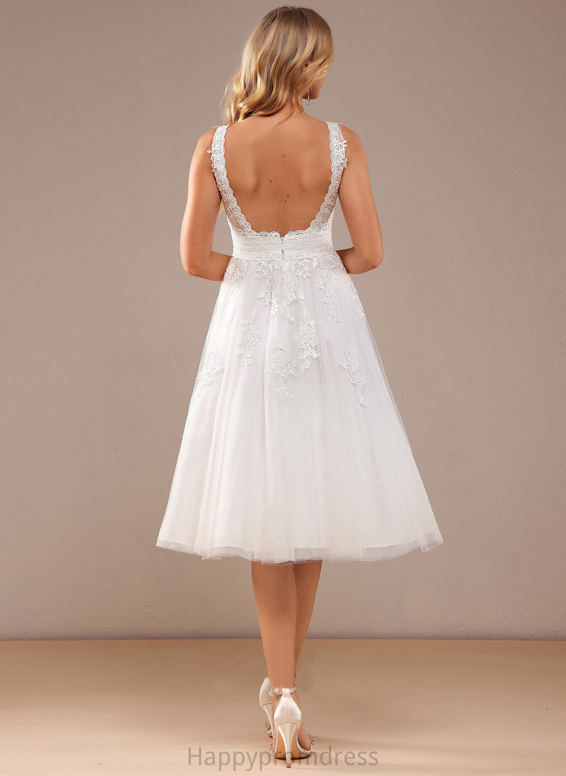 Tulle Knee-Length Wedding Dresses Lace Lace With A-Line Skyler Wedding V-neck Dress