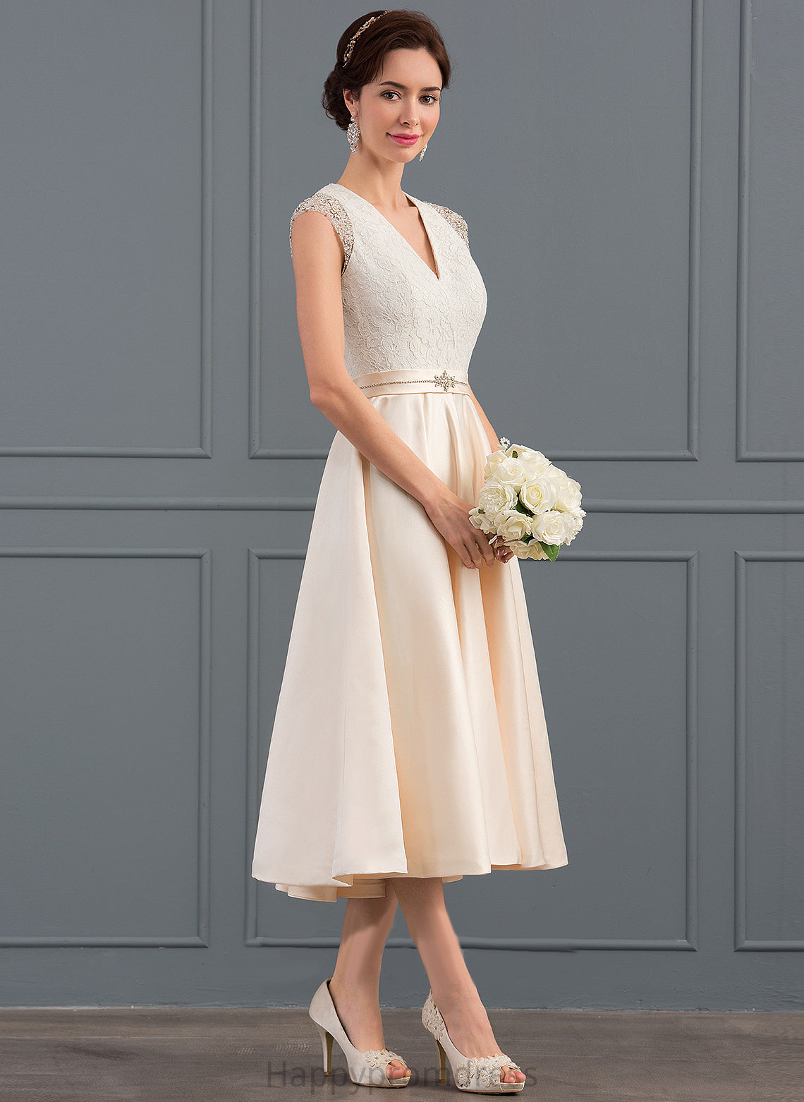 Tea-Length Kendra V-neck Wedding Beading With Wedding Dresses A-Line Sequins Satin Dress