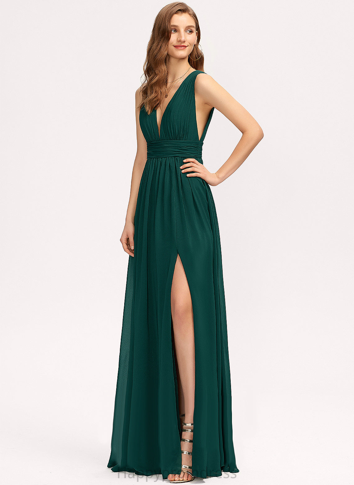 V-neck Embellishment Pleated Neckline Floor-Length Fabric Length A-Line Silhouette Jade Sleeveless Floor Length Bridesmaid Dresses