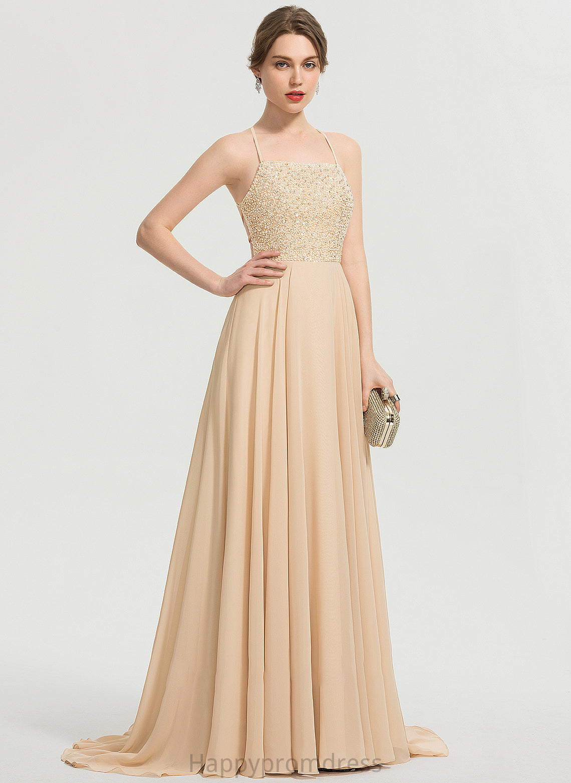 Sweep Train With Prom Dresses Square Neckline Sal Sequins Beading Chiffon A-Line